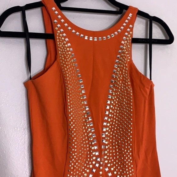 bebe Vibrant Orange Mini Dress with Metallic Details - Picture 3 of 7